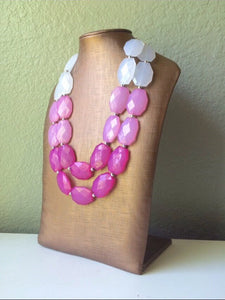 Pink Ombre Necklace - Double strand bright jewelry - big beaded chunky statement blush magenta white