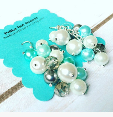 Robins Egg Blue Gray & White Cluster Pearl Earrings - Everyday Fancy or Bridesmaid wedding - Crystal Beaded Jewelry Drop Silver