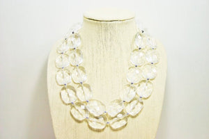 Crystal Clear Statement Earrings and matching necklace - Oval Beaded Everyday Neutral jewelry - silver chunky bib necklace