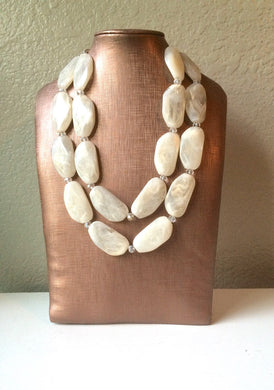 Big Bead Cream Necklace - Double Strand Statement Jewelry - Off White Chunky Bib Bone Necklace