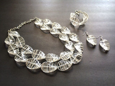 White Clear Statement Jewelry Set, big Beaded Chunky necklace bracelet earrings, Double Strand wedding or everyday multi strand bridesmaid