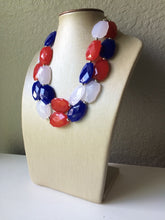 Load image into Gallery viewer, 4th of July Double Layer statement necklace with silver accents - Chunky Jewelry Patriotic America Red White and Blue beads