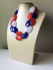 4th of July Double Layer statement necklace with silver accents - Chunky Jewelry Patriotic America Red White and Blue beads