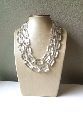 Clear Crystal Statement Necklace - Faceted Rectangular Everyday neutral jewelry - silver accents chunky bib necklace