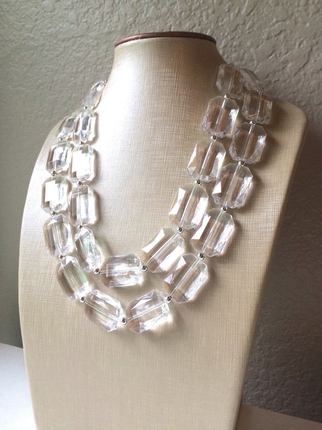 Brand new large silver tone statement necklace with large clear crystal