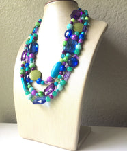 Load image into Gallery viewer, Mermaid Chunky Statement Necklace - Triple Strand Beaded Jewelry - Purple Blue Green jewelry -bridsmaid wedding