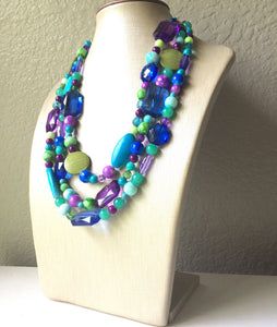 Mermaid Chunky Statement Necklace - Triple Strand Beaded Jewelry - Purple Blue Green jewelry -bridsmaid wedding