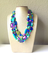 Load image into Gallery viewer, Mermaid Chunky Statement Necklace - Triple Strand Beaded Jewelry - Purple Blue Green jewelry -bridsmaid wedding