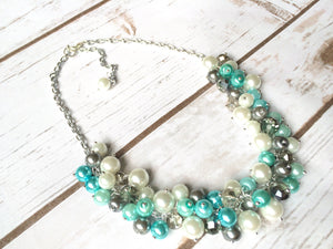 Robins Egg Blue 3 Piece Jewelry Set - Necklace, Earrings, Bracelet - Wedding Bridesmaid Personalized Pearl cluster