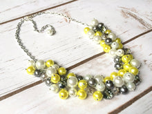 Load image into Gallery viewer, Yellow Gray 3 Piece Jewelry Set - Necklace, Earrings, Bracelet - Wedding Bridesmaid Personalized Pearl cluster