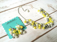 Load image into Gallery viewer, Yellow Gray 3 Piece Jewelry Set - Necklace, Earrings, Bracelet - Wedding Bridesmaid Personalized Pearl cluster