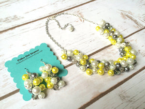 Yellow Gray 3 Piece Jewelry Set - Necklace, Earrings, Bracelet - Wedding Bridesmaid Personalized Pearl cluster