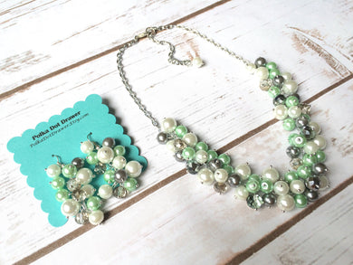 Mint Green Gray 3 Piece Jewelry Set - Necklace, Earrings, Bracelet - Wedding Bridesmaid Personalized Pearl cluster