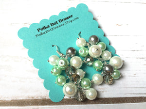 Mint Green Gray 3 Piece Jewelry Set - Necklace, Earrings, Bracelet - Wedding Bridesmaid Personalized Pearl cluster