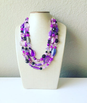Purple & Black Chunky Statement Necklace, Triple Strand Beaded Jewelry, lilac lavendar eggplant jewelry, bridesmaid wedding, purple necklace