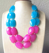 Load image into Gallery viewer, Pink and Blue Double Layer statement necklace with silver accents - bib gender reveal party jewelry - color block