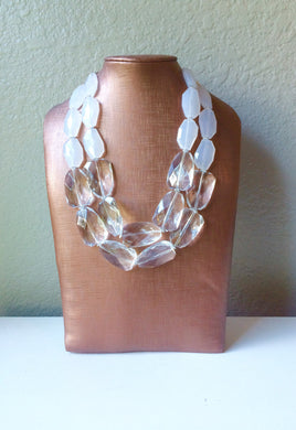 White & Clear Statement Necklace - big Beaded Chunky Jewelry - Double Strand wedding or everyday large double multi strand