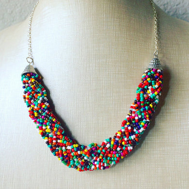 Beaded Rainbow Statement Necklace - Everyday bib Colorful Seed Bead - Silver Chain Bridesmaid Wedding jewelry