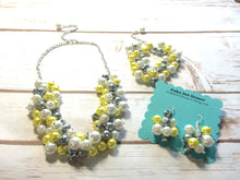 Load image into Gallery viewer, Yellow Gray 3 Piece Jewelry Set - Necklace, Earrings, Bracelet - Wedding Bridesmaid Personalized Pearl cluster