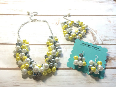 Yellow Gray 3 Piece Jewelry Set - Necklace, Earrings, Bracelet - Wedding Bridesmaid Personalized Pearl cluster