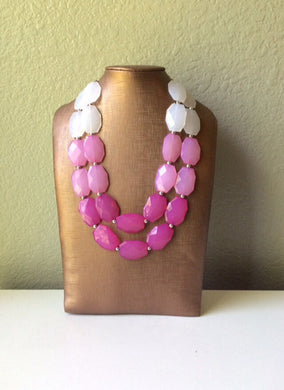 Pink Ombre Necklace - Double strand bright jewelry - big beaded chunky statement blush magenta white