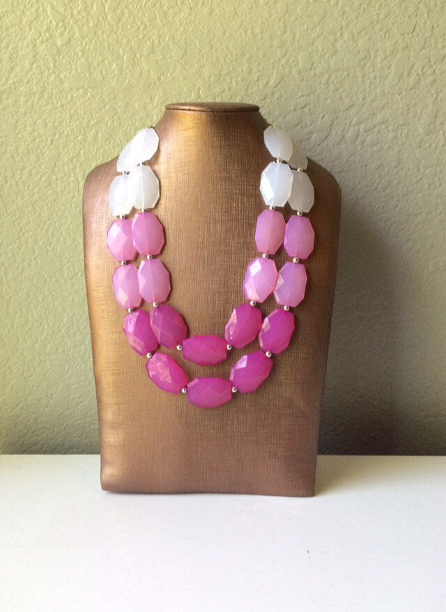 Pink Ombre Necklace - Double strand bright jewelry - big beaded chunky statement blush magenta white