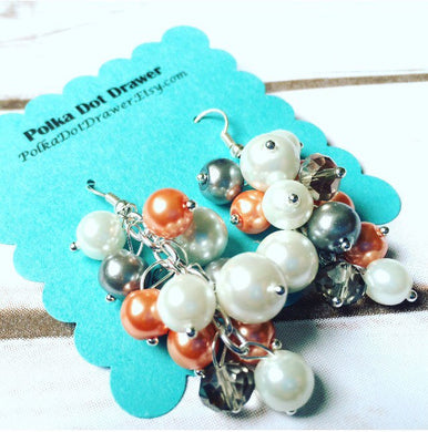 Orange Gray & White Cluster Pearl Earrings - Everyday Fancy or Bridesmaid wedding - Crystal Beaded Jewelry Drop Silver earring