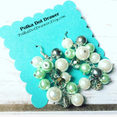 Mint Gray & White Cluster Pearl Earrings - Everyday Fancy or Bridesmaid wedding - Crystal Beaded Jewelry Drop Silver earring