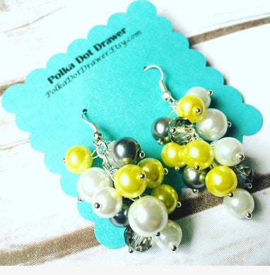 Yellow Gray & White Cluster Pearl Earrings - Everyday Fancy or Bridesmaid wedding - Crystal Beaded Jewelry Drop Silver earring