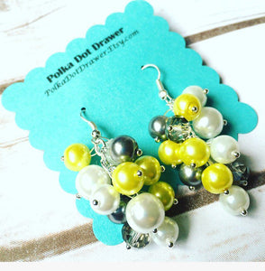 Yellow Gray & White Cluster Pearl Earrings - Everyday Fancy or Bridesmaid wedding - Crystal Beaded Jewelry Drop Silver earring