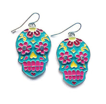 Load image into Gallery viewer, Sugar Skull Dangle Earrings, Metal Colorful Jewelry, Dangle Pink Turquoise Yellow, Dia De Los Muertos, Skeleton, Halloween, Skull Gifts