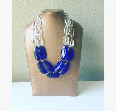 Blue & Clear Statement Necklace, big Beaded Chunky Jewelry - Double Strand wedding or everyday large navy blue multi strand