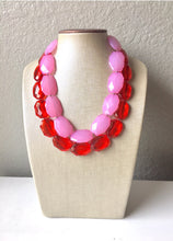 Load image into Gallery viewer, Pink &amp; Red Necklace, multi strand jewelry, big beaded chunky statement necklace, valentine necklace, bridesmaid necklace, bib necklace