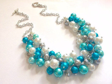 Robins egg Blue and Teal 3 Piece Jewelry Set, Necklace, Earrings, Bracelet, Wedding Bridesmaid Personalized Pearl, cluster necklace, gray