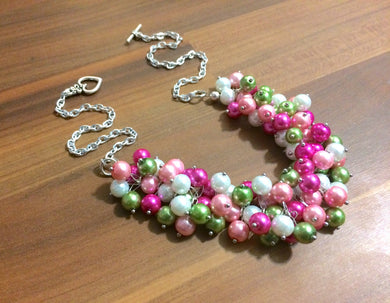 Pearl Cluster Necklace / Sorority Necklace / Pink Green White Big Little Sis Sister Gift, green pink necklace, pink green necklace, preppy