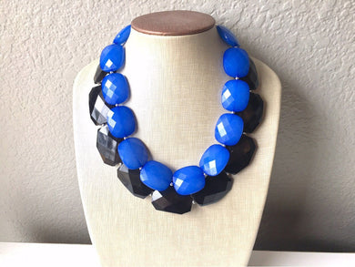 Black & Blue Necklace, multi strand jewelry, big beaded chunky statement necklace, black necklace, black jewelry, blue necklace, black