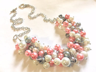 Pink Gray White Statement necklace, Blush Pink cluster necklace, pink gray white jewelry, pink bridesmaid, pink wedding, bridesmaid necklace
