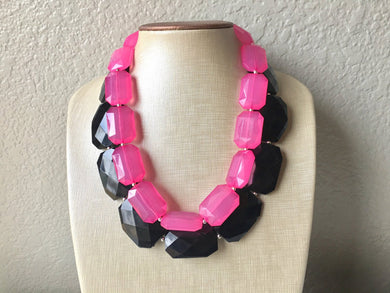 Pink & Black Colorblock Chunky Statement Necklace, Pink and black beaded jewelry, Multi Strand Bib Necklace, Beaded necklace, black necklace