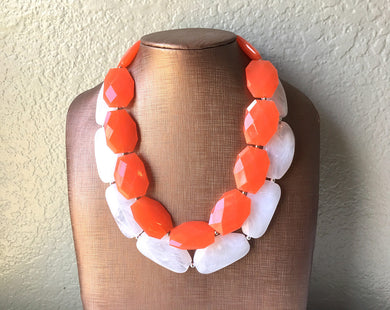 Orange & White Necklace, multi strand jewelry, big beaded chunky statement necklace, orange necklace, bridesmaid necklace, bib necklace