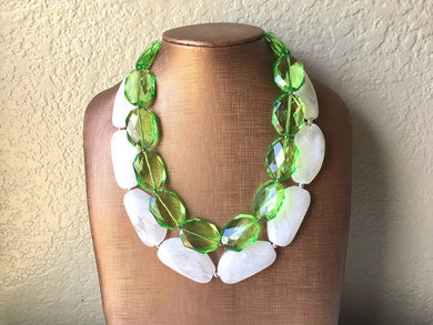 Green & White Necklace, multi strand jewelry, big beaded chunky statement necklace, green necklace, bridesmaid necklace, bib necklace, green