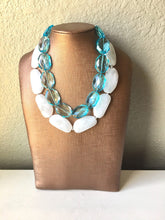 Load image into Gallery viewer, Blue &amp; White Necklace, multi strand jewelry, big beaded chunky statement necklace, blue necklace, bridesmaid necklace, bib necklace, white