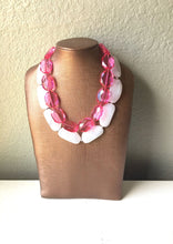 Load image into Gallery viewer, Pink &amp; White Necklace, multi strand jewelry, big beaded chunky statement necklace, pink necklace, bridesmaid necklace, bib necklace, pink