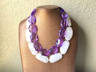 Purple & White Necklace, multi strand jewelry, big beaded chunky statement necklace, purple necklace, bridesmaid necklace, bib necklace