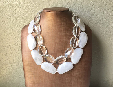 Clear & White Necklace, multi strand jewelry, big beaded chunky statement necklace, clear necklace, bridesmaid necklace, bib necklace