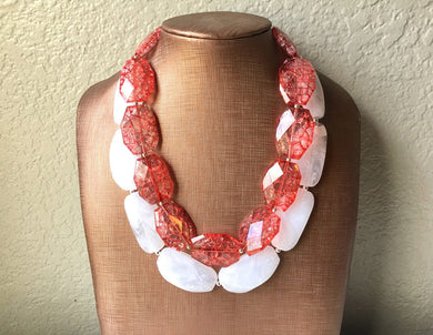 Red & White Necklace, multi strand jewelry, big beaded chunky statement necklace, red necklace, bridesmaid necklace, bib necklace, red