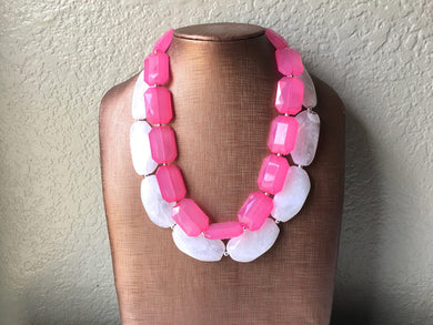Pink & White Necklace, multi strand jewelry, big beaded chunky statement necklace, pink necklace, bridesmaid necklace, bib necklace, pink