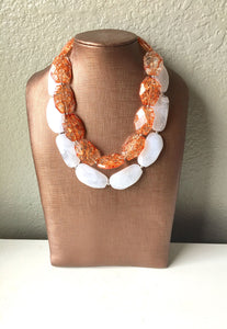 Orange & White Necklace, multi strand jewelry, big beaded chunky statement necklace, orange necklace, bridesmaid necklace, bib necklace