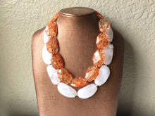 Load image into Gallery viewer, Orange &amp; White Necklace, multi strand jewelry, big beaded chunky statement necklace, orange necklace, bridesmaid necklace, bib necklace