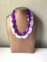 Load image into Gallery viewer, White Purple Necklace, multi strand jewelry, big beaded chunky statement necklace, purple necklace, bridesmaid necklace, bib necklace