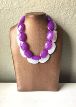 Load image into Gallery viewer, Purple &amp; White Necklace, multi strand jewelry, big beaded chunky statement necklace, purple necklace, bridesmaid necklace, bib necklace